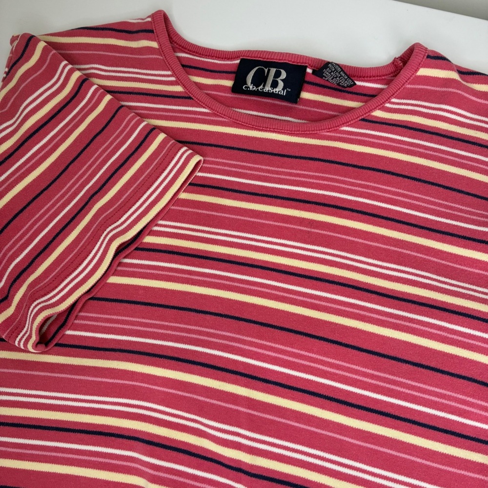 CB Casual Womens Pink Multi Color Striped Short Sleeve Cotton T-Shirt Size M
